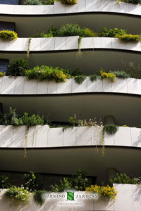 Façade and window boxes in the Principality of Monaco, La Petite Afrique building