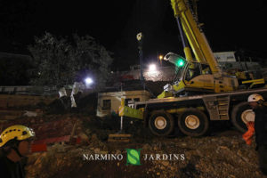 Photo du déplacement d'un olivier de plus de 20 tonnes. Une performance de l'entreprise paysagère et d'entretien d'espaces verts Narmino Jardins.