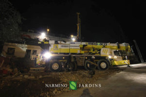 Photo of the displacement of an olive tree over 20 tonnes. A performance of the landscape and garden maintenance company Narmino Jardins.