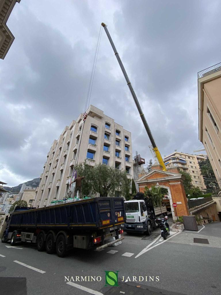 A crane loading soil and plants on a roof