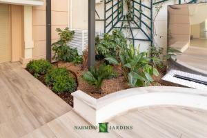 Plants next to a fountain wall